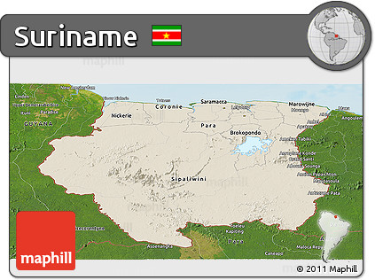 Shaded Relief Panoramic Map of Suriname, satellite outside, shaded relief sea