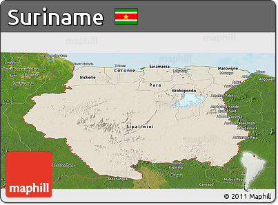 Shaded Relief Panoramic Map of Suriname, satellite outside, shaded relief sea