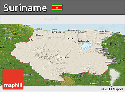 Shaded Relief Panoramic Map of Suriname, satellite outside, shaded relief sea