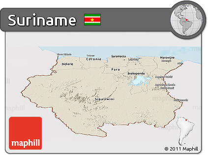Shaded Relief Panoramic Map of Suriname, single color outside