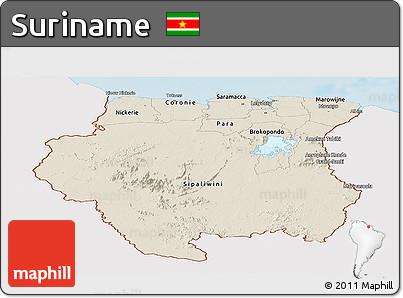 Shaded Relief Panoramic Map of Suriname, single color outside