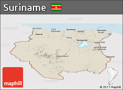Shaded Relief Panoramic Map of Suriname, single color outside