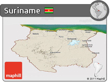 Shaded Relief Panoramic Map of Suriname, single color outside, satellite sea