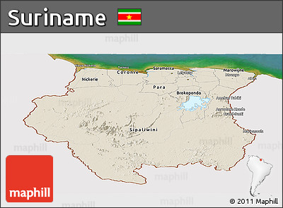 Shaded Relief Panoramic Map of Suriname, single color outside, satellite sea