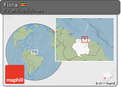 Savanna Style Location Map of Flora, highlighted country, hill shading