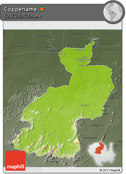 Physical 3D Map of Coppename, darken, semi-desaturated