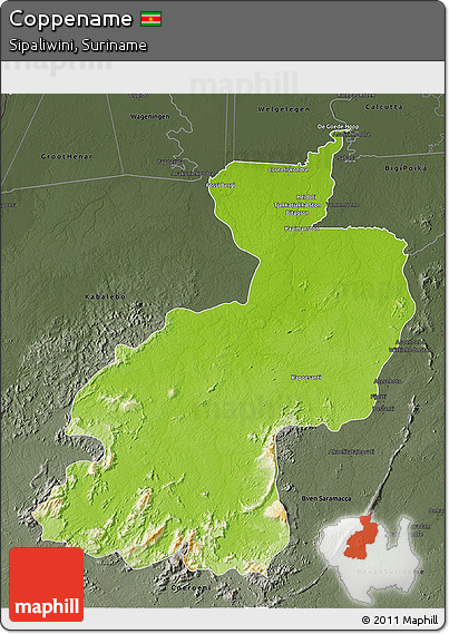 Physical 3D Map of Coppename, darken, semi-desaturated