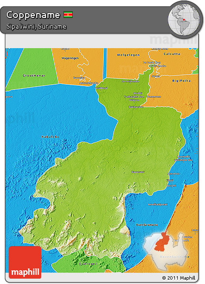 Physical 3D Map of Coppename, political outside