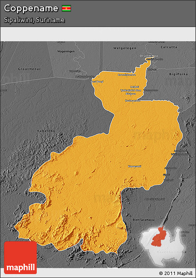 Political 3D Map of Coppename, darken, desaturated