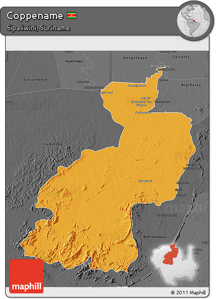 Political 3D Map of Coppename, darken, desaturated