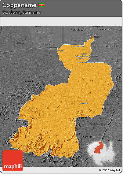 Political 3D Map of Coppename, darken, desaturated