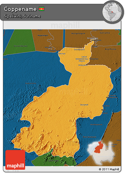 Political 3D Map of Coppename, darken