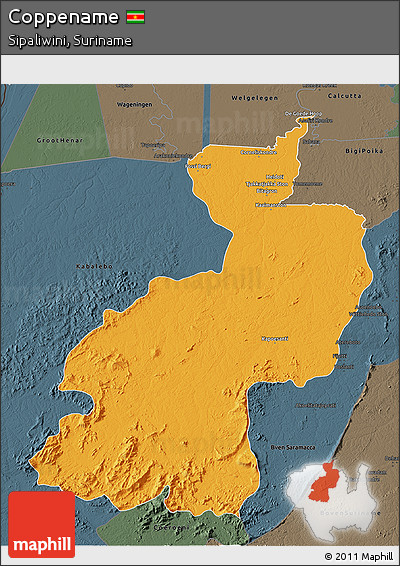 Political 3D Map of Coppename, darken, semi-desaturated