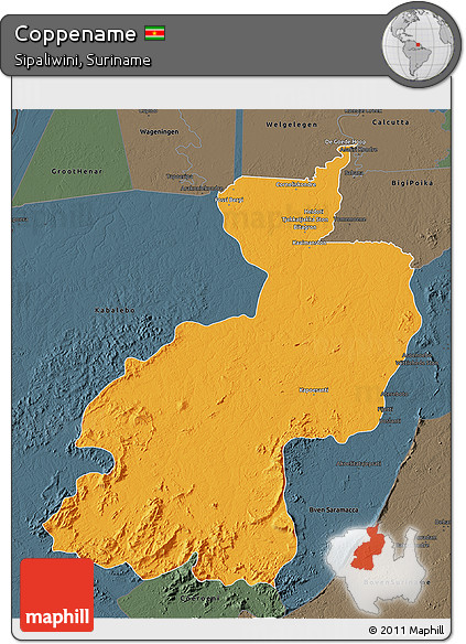 Political 3D Map of Coppename, darken, semi-desaturated