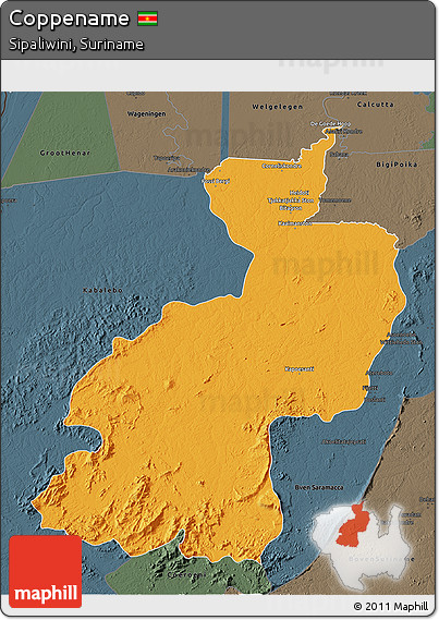 Political 3D Map of Coppename, darken, semi-desaturated