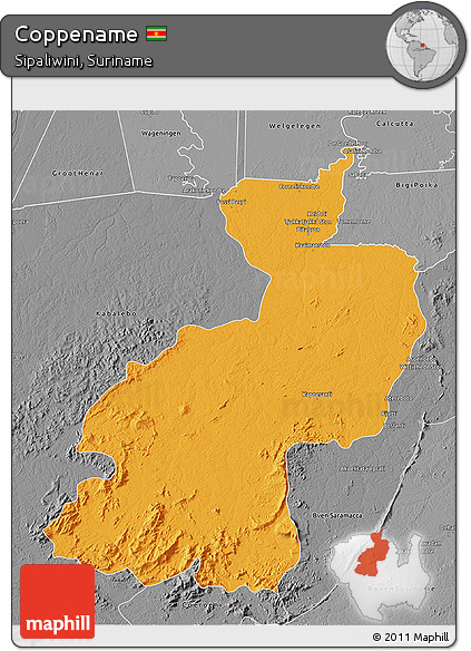 Political 3D Map of Coppename, desaturated