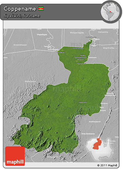 Satellite 3D Map of Coppename, lighten, desaturated