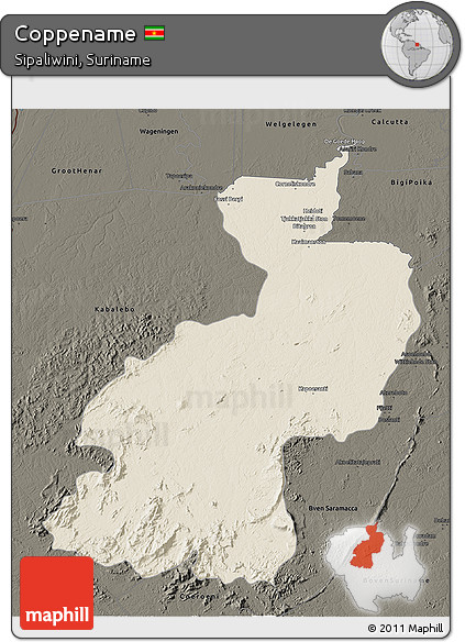 Shaded Relief 3D Map of Coppename, darken