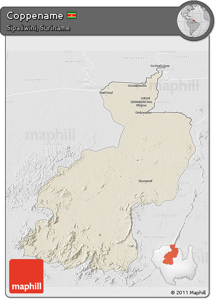 Shaded Relief 3D Map of Coppename, lighten, desaturated