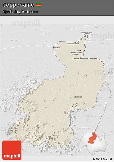 Shaded Relief 3D Map of Coppename, lighten, desaturated