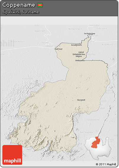Shaded Relief 3D Map of Coppename, lighten, desaturated