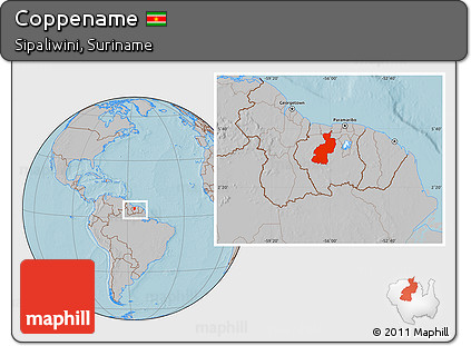 Gray Location Map of Coppename, within the entire country, hill shading