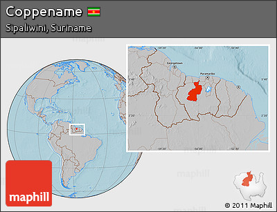 Gray Location Map of Coppename, within the entire country, hill shading