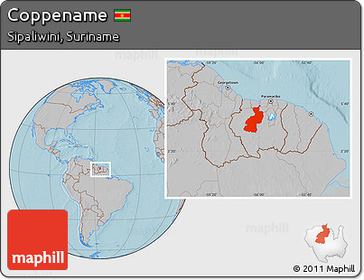 Gray Location Map of Coppename, within the entire country, hill shading