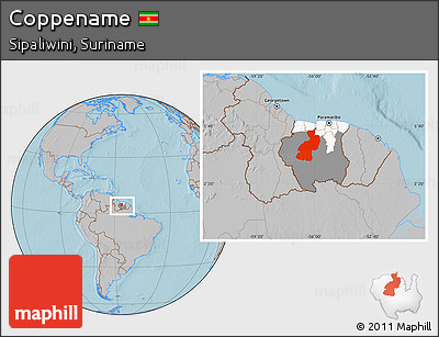 Gray Location Map of Coppename, highlighted country, highlighted parent region, within the entire country, hill shading