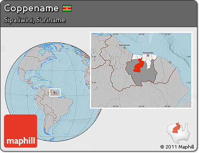 Gray Location Map of Coppename, highlighted country, highlighted parent region, within the entire country, hill shading