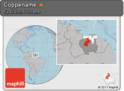 Gray Location Map of Coppename, highlighted country, highlighted parent region, hill shading
