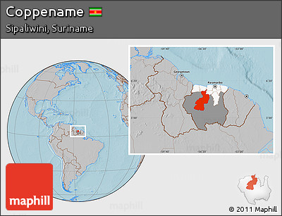 Gray Location Map of Coppename, highlighted country, highlighted parent region, hill shading