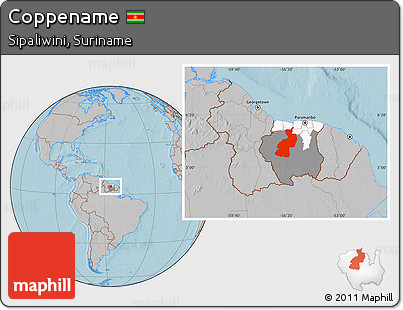 Gray Location Map of Coppename, highlighted country, highlighted parent region, hill shading