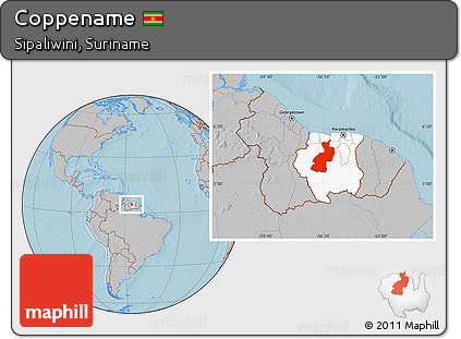 Gray Location Map of Coppename, highlighted country, hill shading