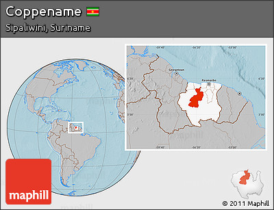 Gray Location Map of Coppename, highlighted country, hill shading