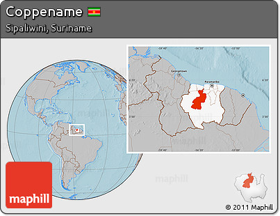 Gray Location Map of Coppename, highlighted country, hill shading
