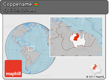 Gray Location Map of Coppename, highlighted parent region, hill shading