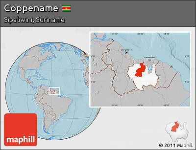 Gray Location Map of Coppename, highlighted parent region, hill shading