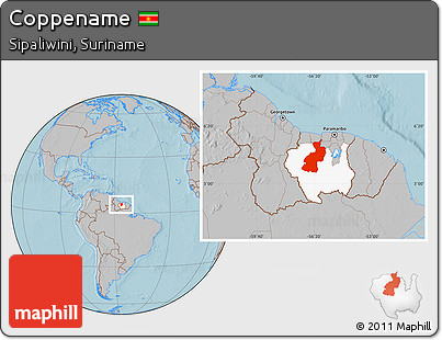 Gray Location Map of Coppename, highlighted parent region, hill shading