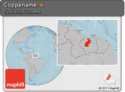 Gray Location Map of Coppename, hill shading