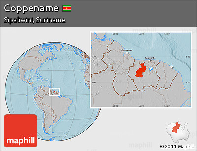Gray Location Map of Coppename, hill shading