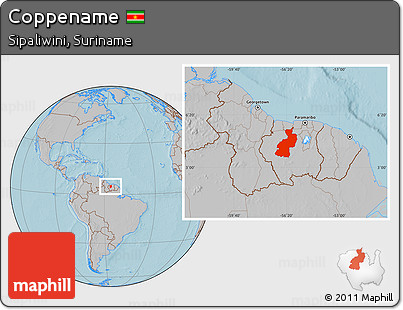 Gray Location Map of Coppename, hill shading