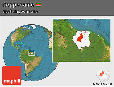 Satellite Location Map of Coppename, highlighted country, within the entire country
