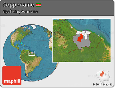 Satellite Location Map of Coppename, highlighted country, highlighted parent region, within the entire country