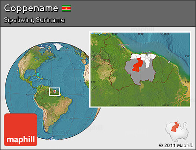Satellite Location Map of Coppename, highlighted country, highlighted parent region, within the entire country