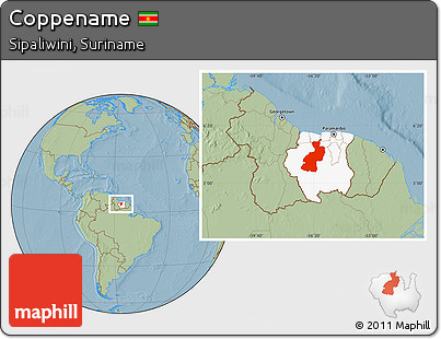 Savanna Style Location Map of Coppename, highlighted country, hill shading