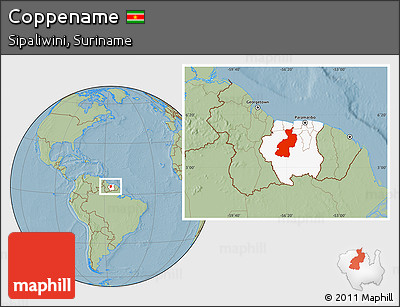 Savanna Style Location Map of Coppename, highlighted country, hill shading