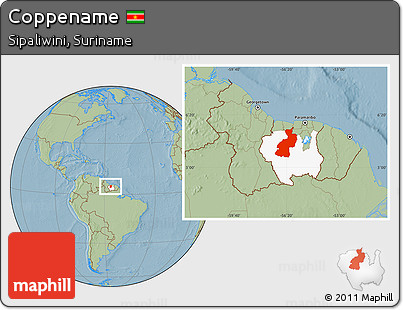 Savanna Style Location Map of Coppename, highlighted parent region, hill shading