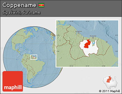 Savanna Style Location Map of Coppename, highlighted parent region, hill shading