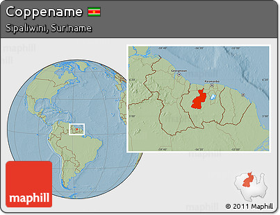 Savanna Style Location Map of Coppename, hill shading